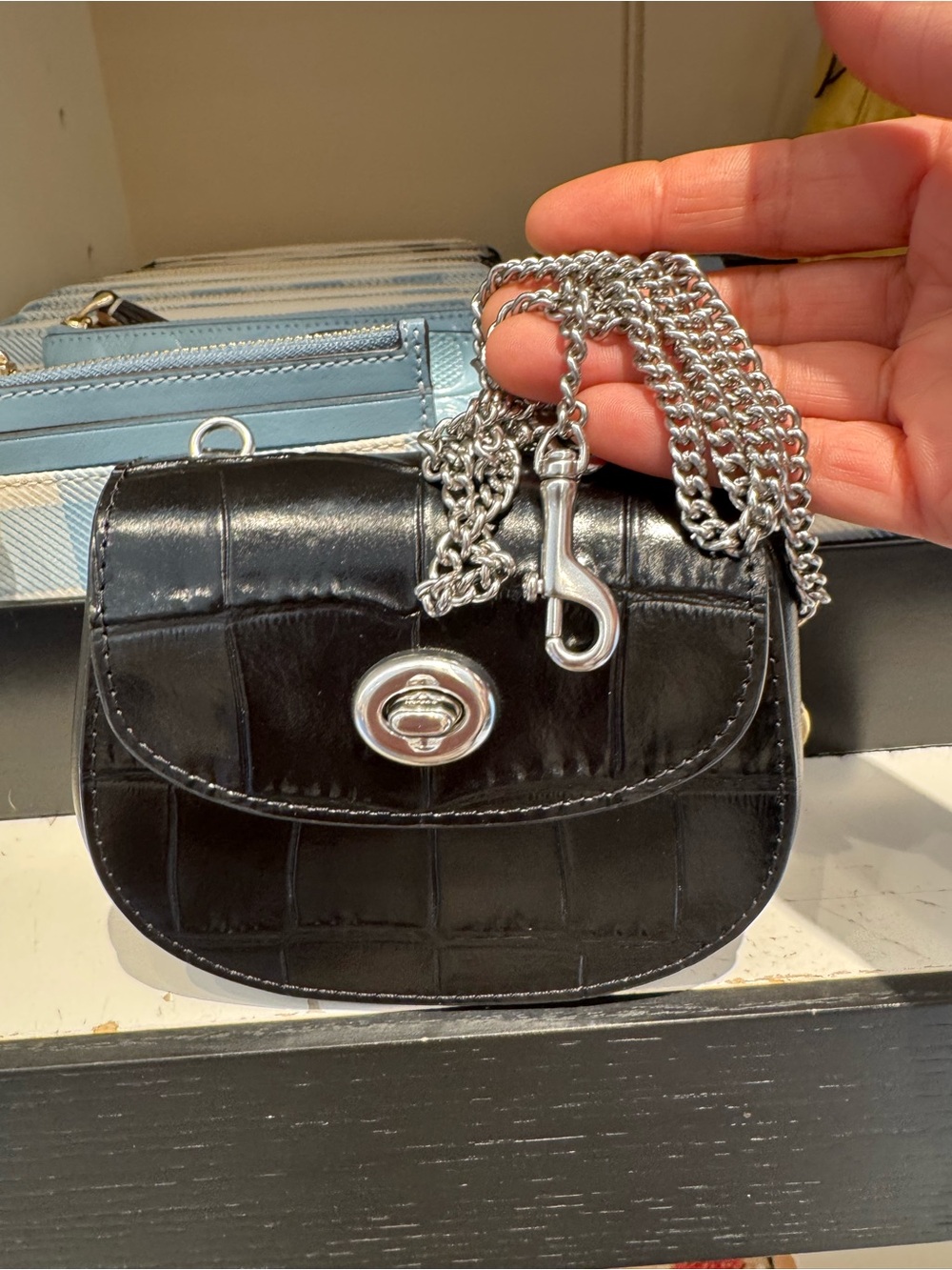 Coach Turnlock Card Case CZ475 Black Croc Leather Chain Bag New